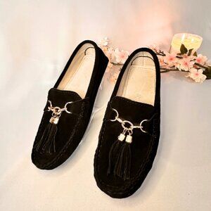 Women's Black, Suede Tasseled Loafers, Size 8